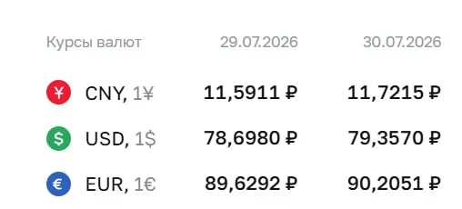 На 30 июля Центробанк установил курс доллара выше ₽79; евро и юань также показали рост. По курсу ЦБ проводятся расчёты по ряду финансовых инструментов.