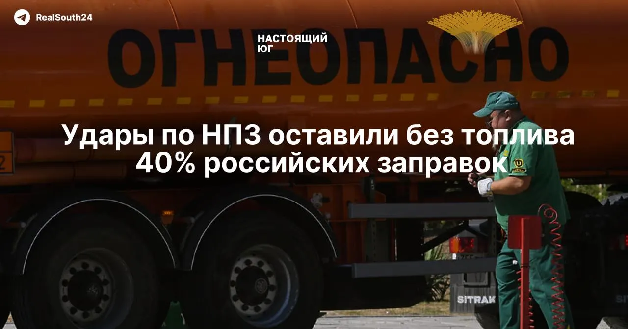 Из‑за ударов дронов с начала 2026 года в России частично или полностью остановлены 11 НПЗ, рынок потерял около 35% перерабатывающих мощностей — независимые заправки распродают запасы, а оптовые цены резко выросли.