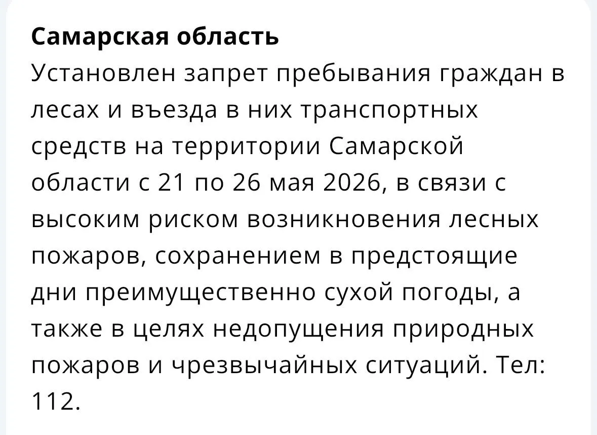 Из‑за сухой погоды в регионе введён временный запрет на пребывание людей и въезд транспортных средств в леса, чтобы снизить риск лесных пожаров и чрезвычайных ситуаций.