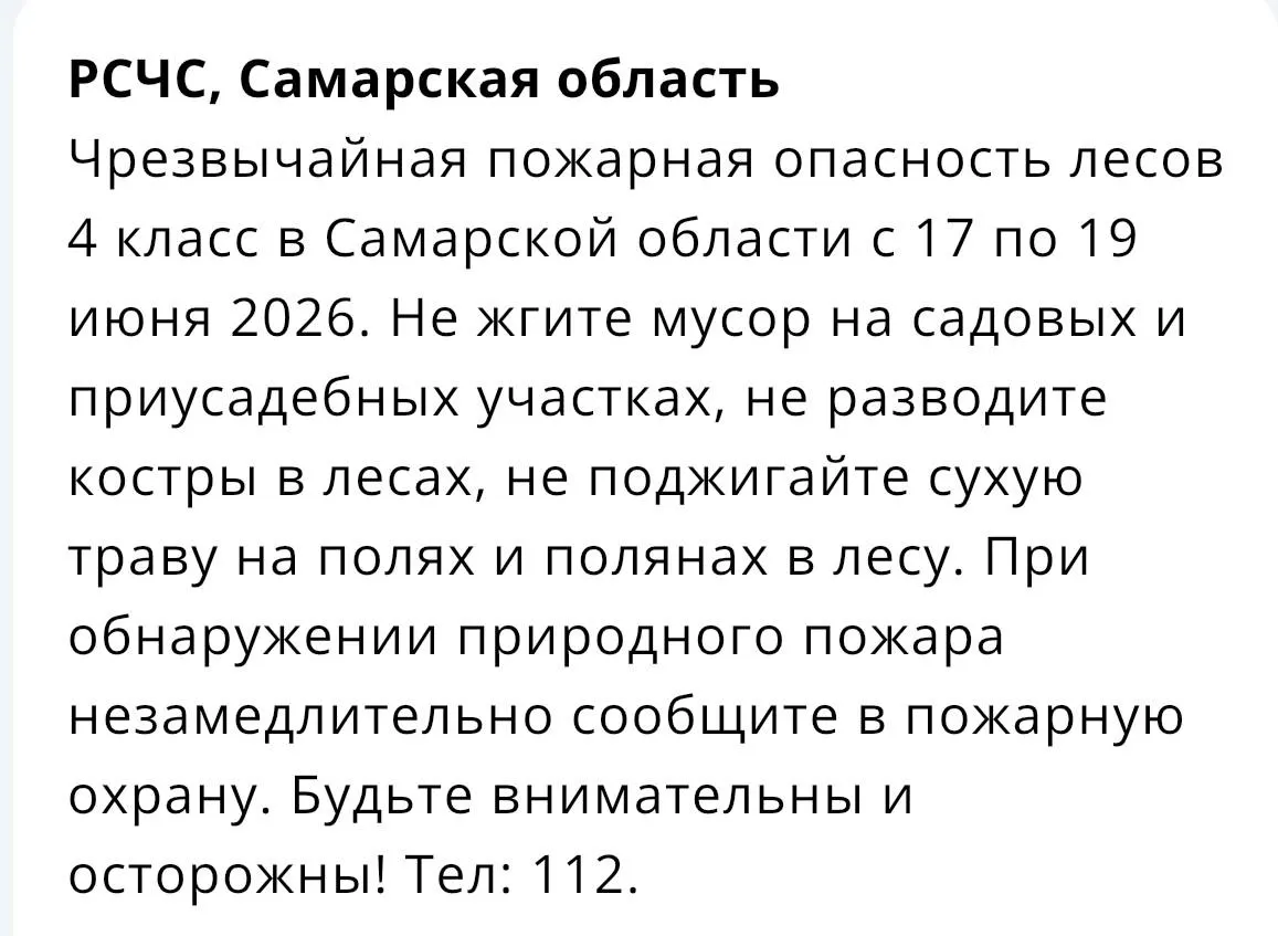 С 17 по 19 июня в регионе вводится чрезвычайная пожарная опасность лесов 4 класса.