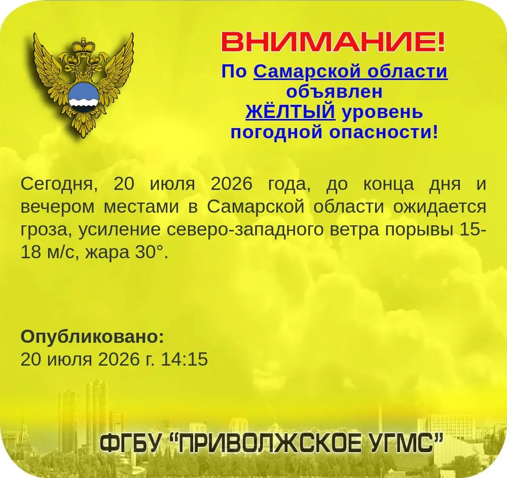 До конца дня синоптики предупреждают о грозе, порывах северо‑западного ветра до 15–18 м/с и сохранении жары до +30°.