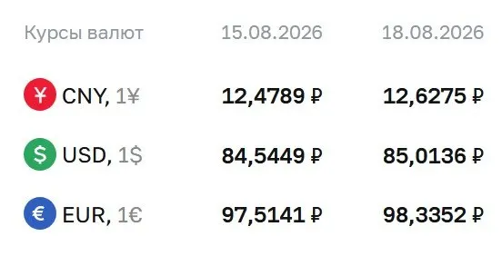 Официальный курс на 18 августа: доллар — 85,01 руб., евро — 98,34 руб., юань — 12,63 руб.
