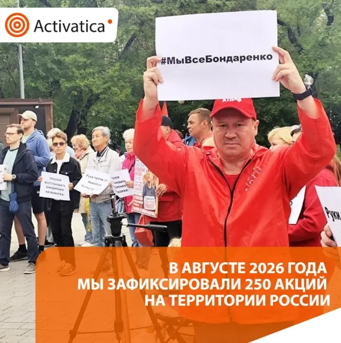 В августе 2026 года в России зафиксировано около 250 протестных акций, рост по сравнению с июлем и переплетение антивоенных требований с темами выборов, а также волна задержаний.
