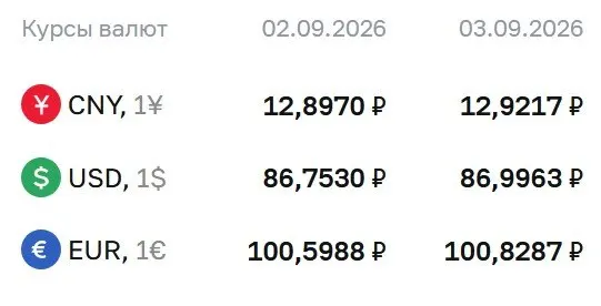 Официальные курсы на 3 сентября: доллар — ₽86,9963, евро — ₽100,8287, юань — ₽12,9217. Банковские расчеты зависят от курса ЦБ по ряду инструментов.